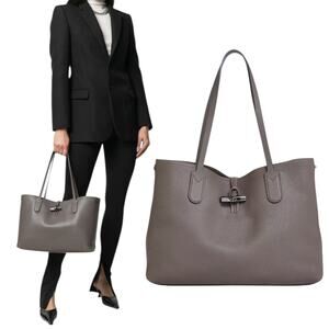 Longchamp Le Roseau Essential Tote Bag Shoulder Bag Pebble Leather Gray